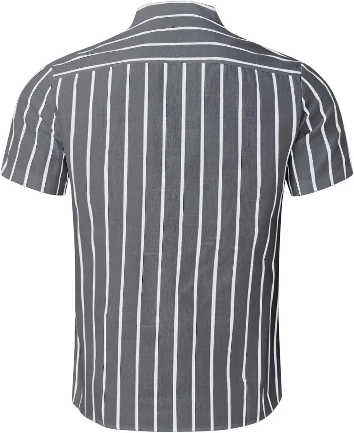 Cambkatl Men's Cotton Linen Stand Collar Button Up Dress Shirts Short Sleeve Loose Summer Business Casual Striped Beach Shirt
