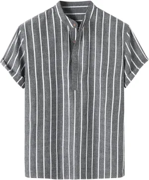 Cambkatl Men's Cotton Linen Stand Collar Button Up Dress Shirts Short Sleeve Loose Summer Business Casual Striped Beach Shirt