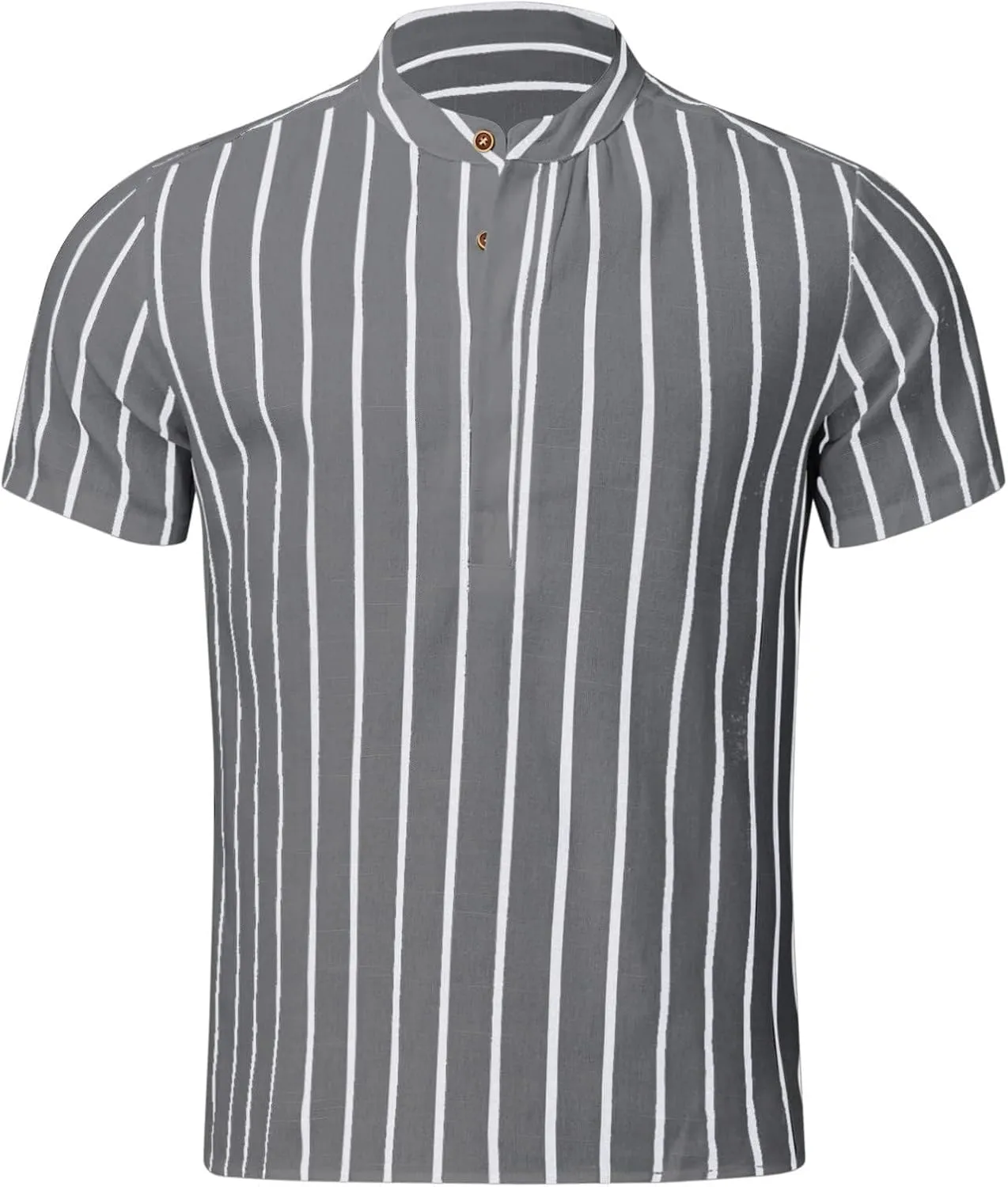 Cambkatl Men's Cotton Linen Stand Collar Button Up Dress Shirts Short Sleeve Loose Summer Business Casual Striped Beach Shirt