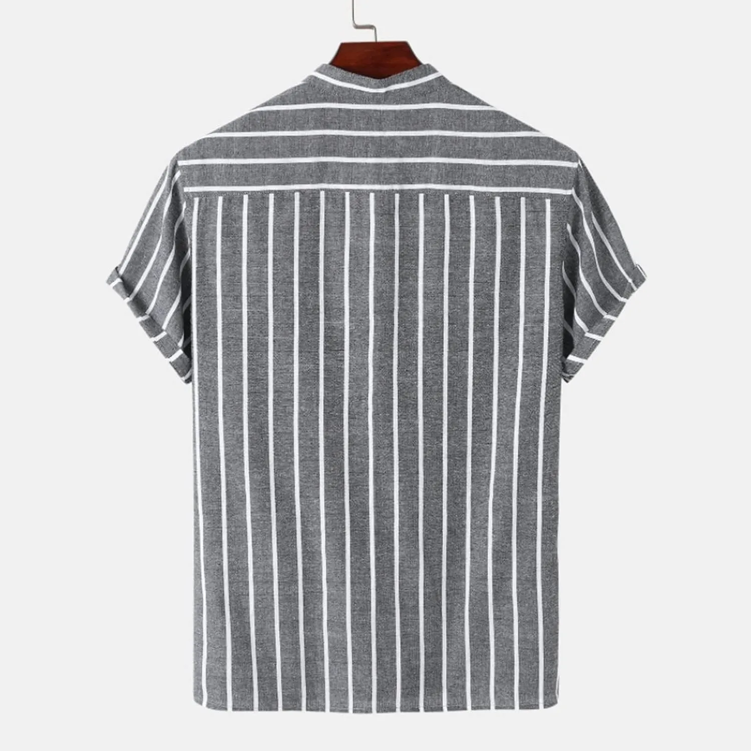 Cambkatl Men's Cotton Linen Stand Collar Button Up Dress Shirts Short Sleeve Loose Summer Business Casual Striped Beach Shirt