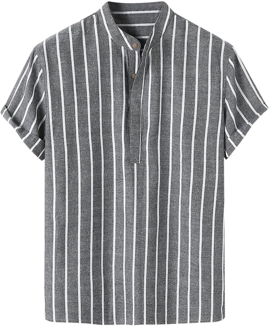 Cambkatl Men's Cotton Linen Stand Collar Button Up Dress Shirts Short Sleeve Loose Summer Business Casual Striped Beach Shirt