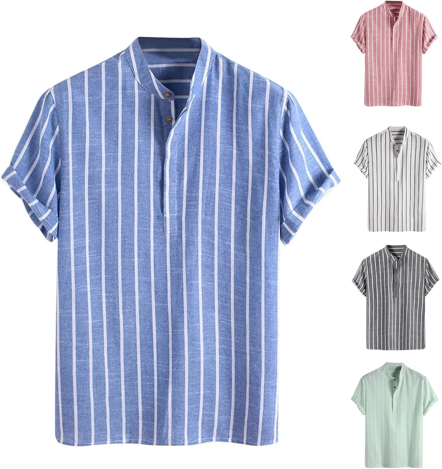 Cambkatl Men's Cotton Linen Stand Collar Button Up Dress Shirts Short Sleeve Loose Summer Business Casual Striped Beach Shirt