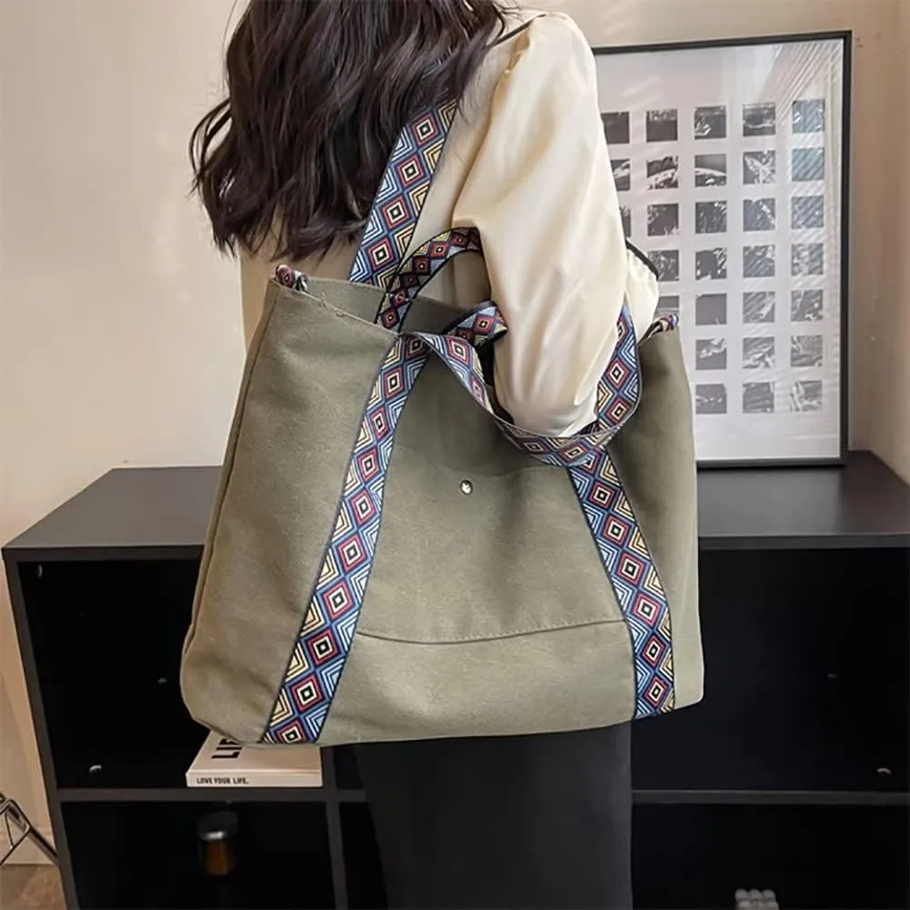 Canvas Tote Bag for Women Shoulder Bag Top Handle Satchel Handbag Boho Bag Vintage Crossbody Purse with Guitar Strap
