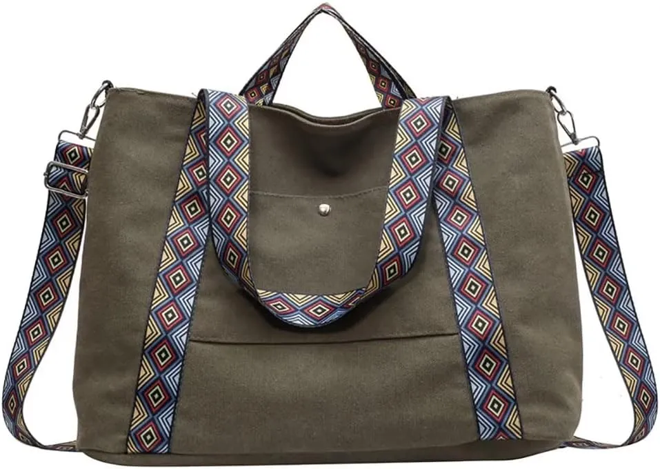 Canvas Tote Bag for Women Shoulder Bag Top Handle Satchel Handbag Boho Bag Vintage Crossbody Purse with Guitar Strap