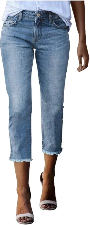 Capri Jeans for Women Casual Vintage High Waisted Button Denim Pants Slim Fit Straight Leg Solid Color Comfy Trousers