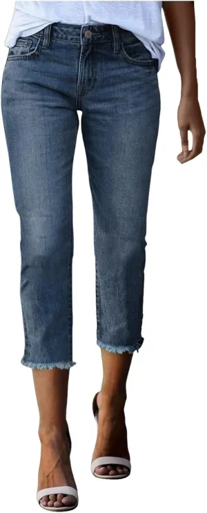 Capri Jeans for Women Casual Vintage High Waisted Button Denim Pants Slim Fit Straight Leg Solid Color Comfy Trousers