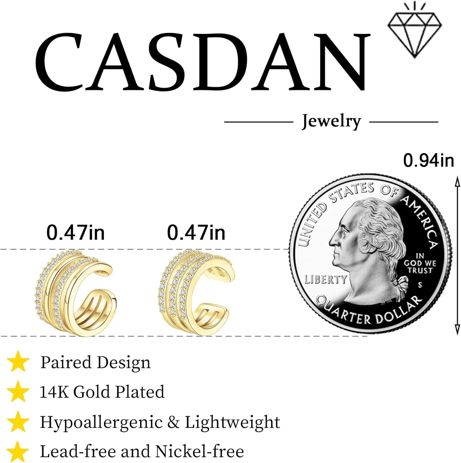 CASDAN Ear Cuffs for Women Non Piercing 14k Gold Plated Ear Cuff Earrings for Women Hypoallergenic Earring Cuffs Non Pierced Trendy Cubic Zirconia Fake Cartilage Piercing Jewelry Gifts