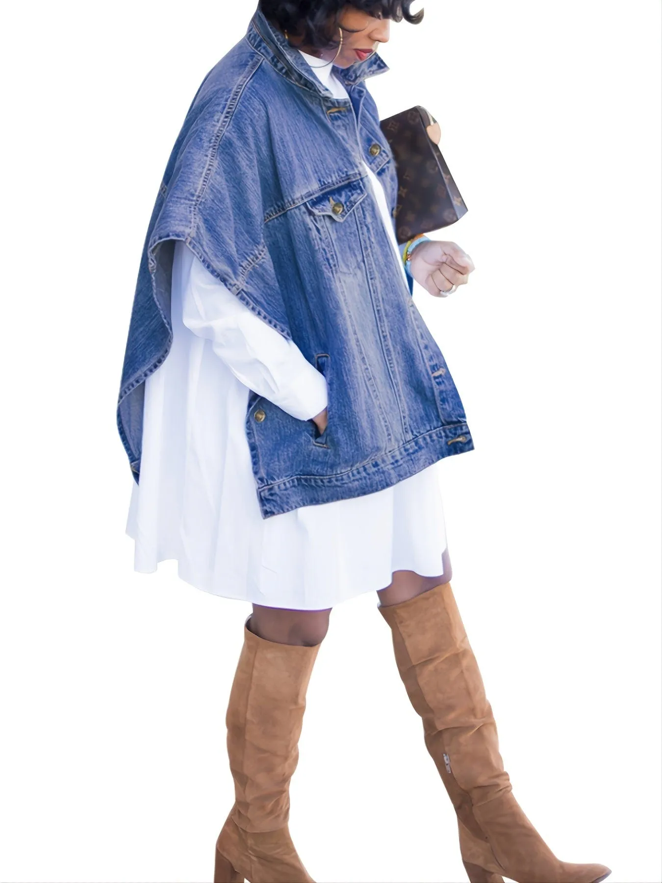 Casual Loose Sleeveless Single-Breasted Lapel Cloak Denim Jacket