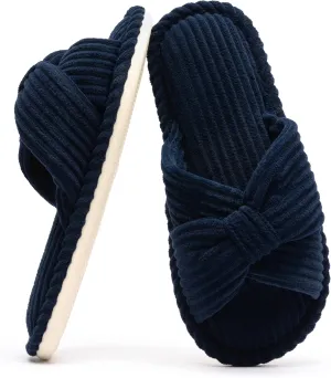 Chantomoo Slippers for Women Memory Foam House Womens Slipper Slides Home Bedroom Bathroom Spa Open Toe Corduroy Bow Slippers Cozy Comfortable
