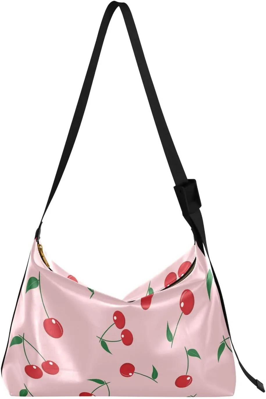 Cherry Fruit with Green Leaves Hobo Crossbody Bags for Women Leather Large Shoulder Bag Cross Body Pink Trendy Womens Tote Bags Handbag for Travel Shopping