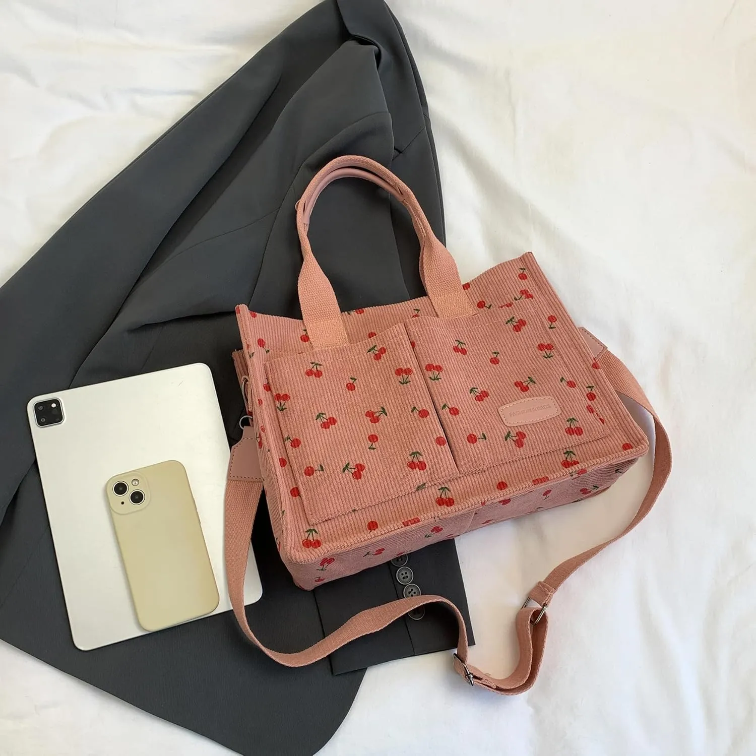 Cherry Tote Bag for Women Canvas Patched Purse Cute Shoulder Bag Multi-Pocket Satchel Handbag for work travel