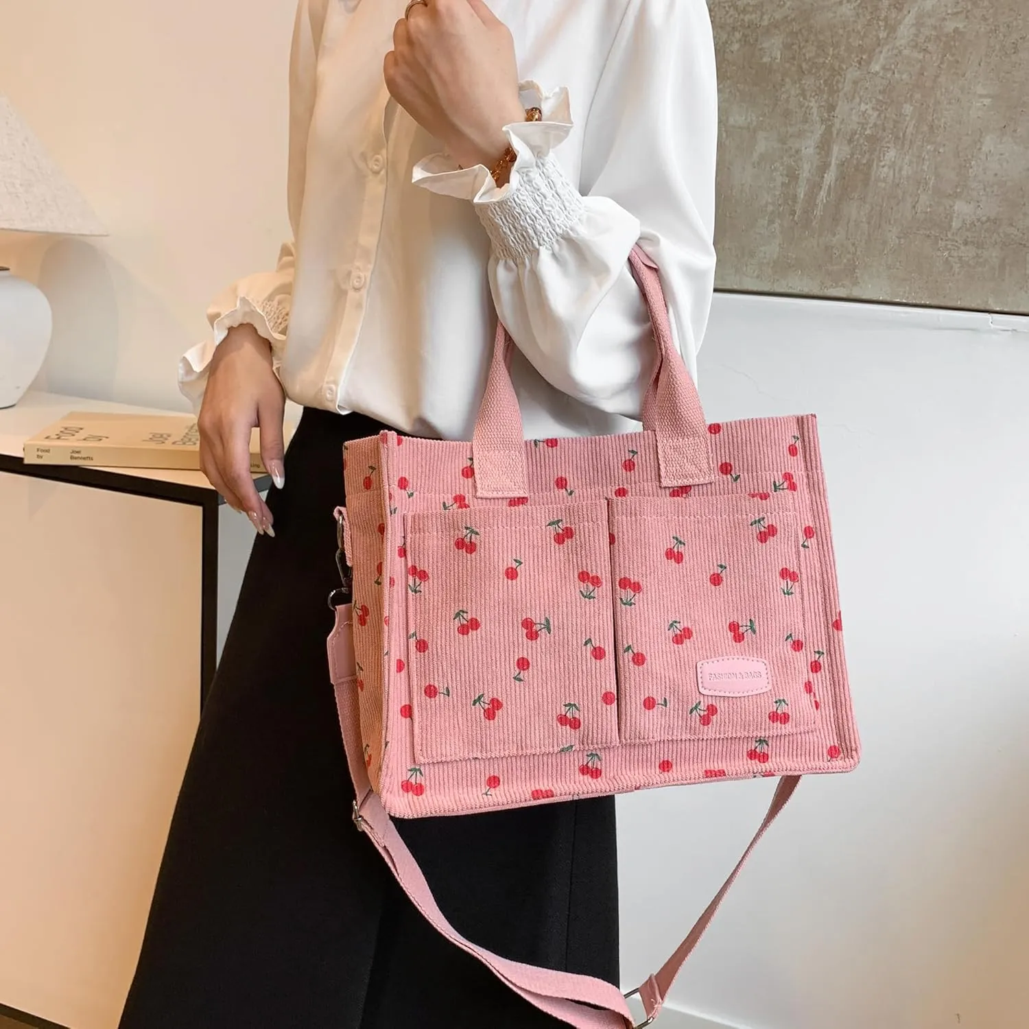 Cherry Tote Bag for Women Canvas Patched Purse Cute Shoulder Bag Multi-Pocket Satchel Handbag for work travel