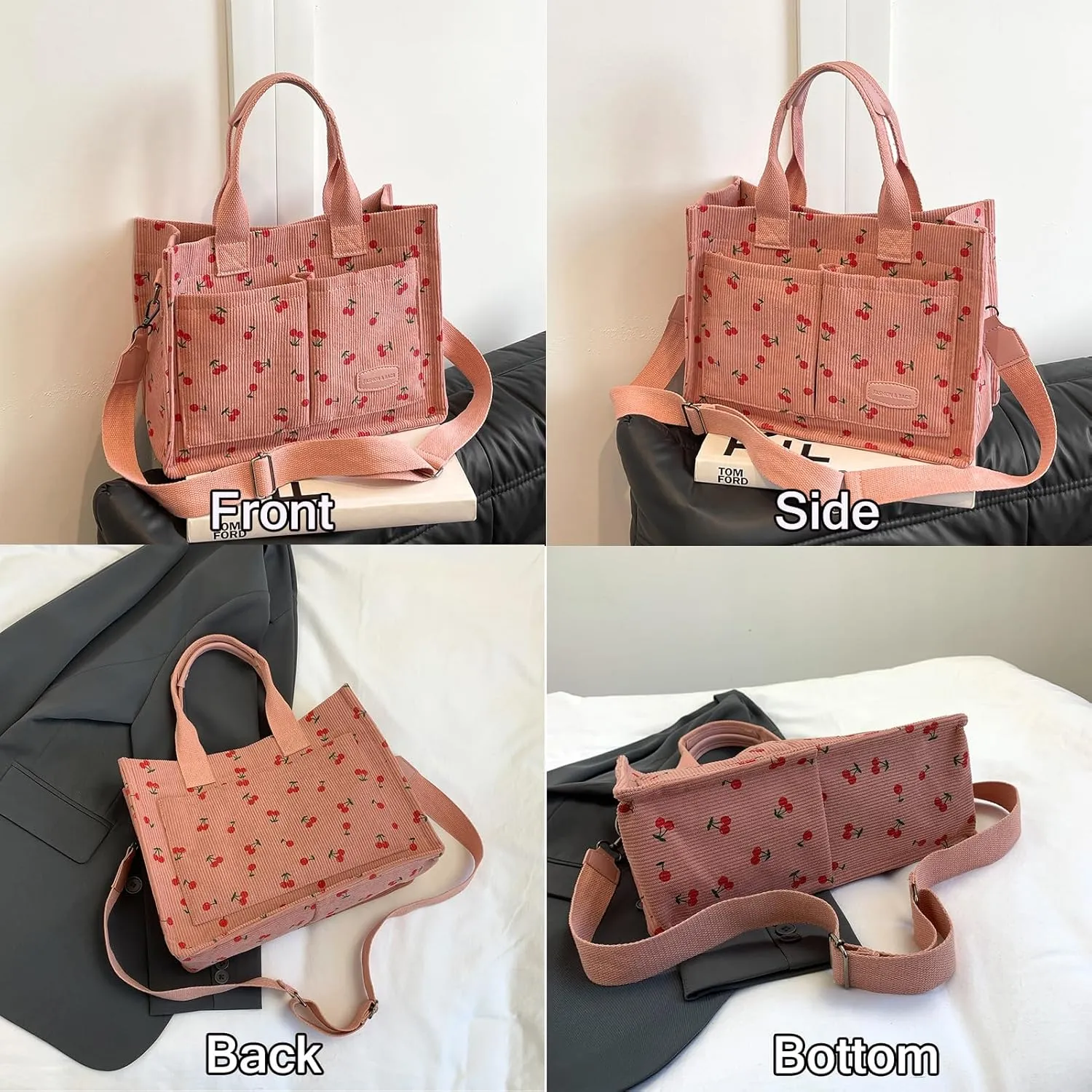 Cherry Tote Bag for Women Canvas Patched Purse Cute Shoulder Bag Multi-Pocket Satchel Handbag for work travel