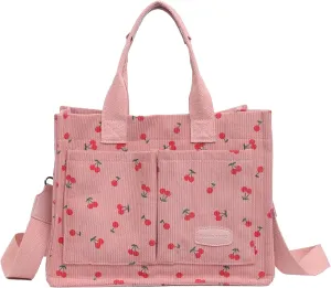 Cherry Tote Bag for Women Canvas Patched Purse Cute Shoulder Bag Multi-Pocket Satchel Handbag for work travel