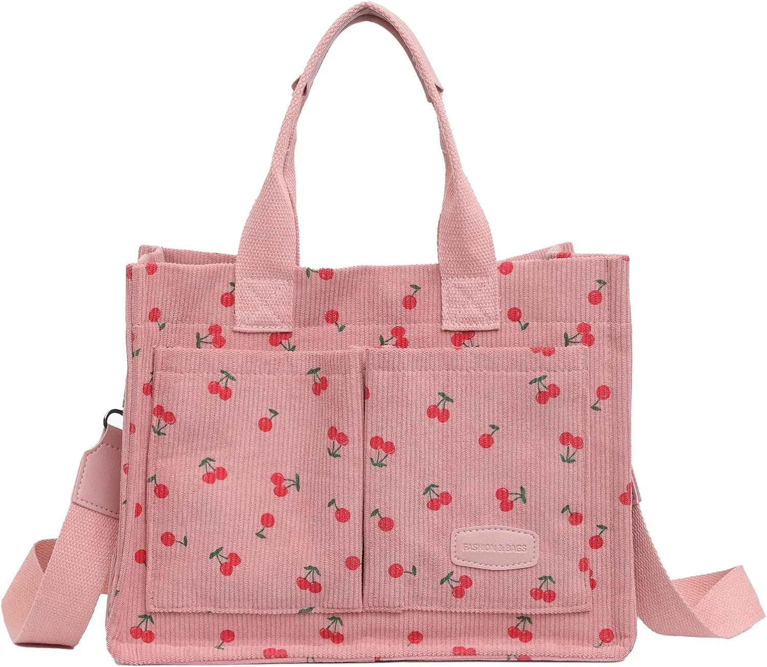 Cherry Tote Bag for Women Canvas Patched Purse Cute Shoulder Bag Multi-Pocket Satchel Handbag for work travel