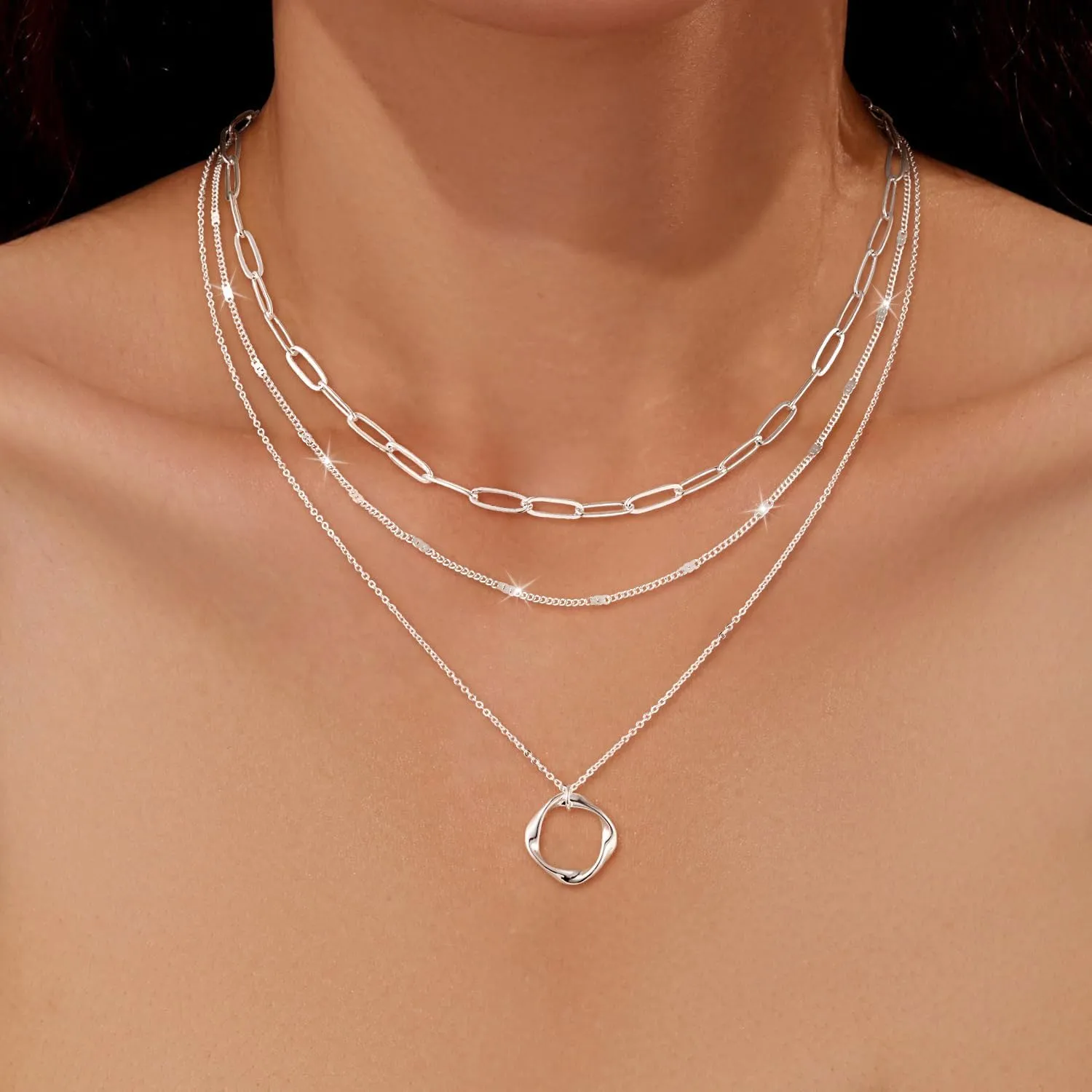 CHESKY Layered Silver Necklaces for Women Trendy,Streling Silver Dainty Stackable Charm Necklace for Womens Layering Paperclip Tennis Rope Chain Diamond Pendant Necklaces Jewelry Set for Women Gifts