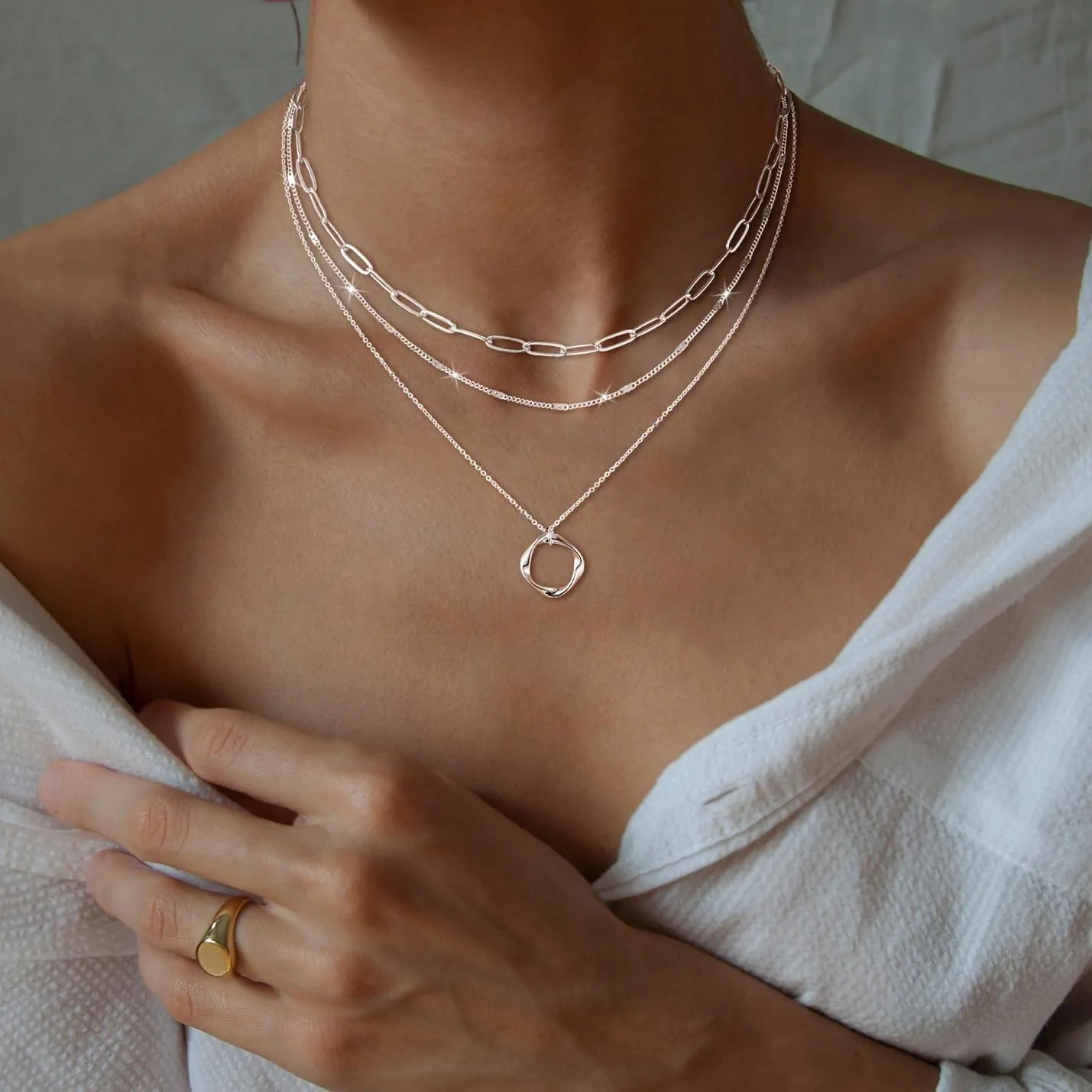CHESKY Layered Silver Necklaces for Women Trendy,Streling Silver Dainty Stackable Charm Necklace for Womens Layering Paperclip Tennis Rope Chain Diamond Pendant Necklaces Jewelry Set for Women Gifts