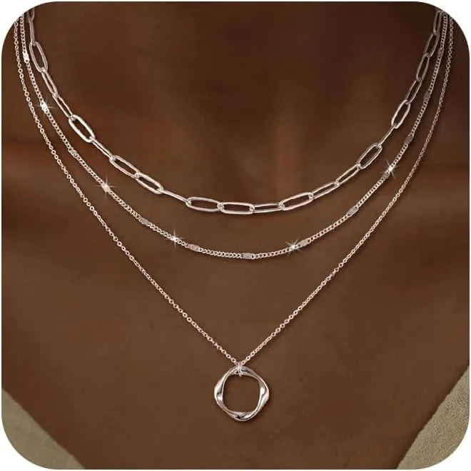 CHESKY Layered Silver Necklaces for Women Trendy,Streling Silver Dainty Stackable Charm Necklace for Womens Layering Paperclip Tennis Rope Chain Diamond Pendant Necklaces Jewelry Set for Women Gifts