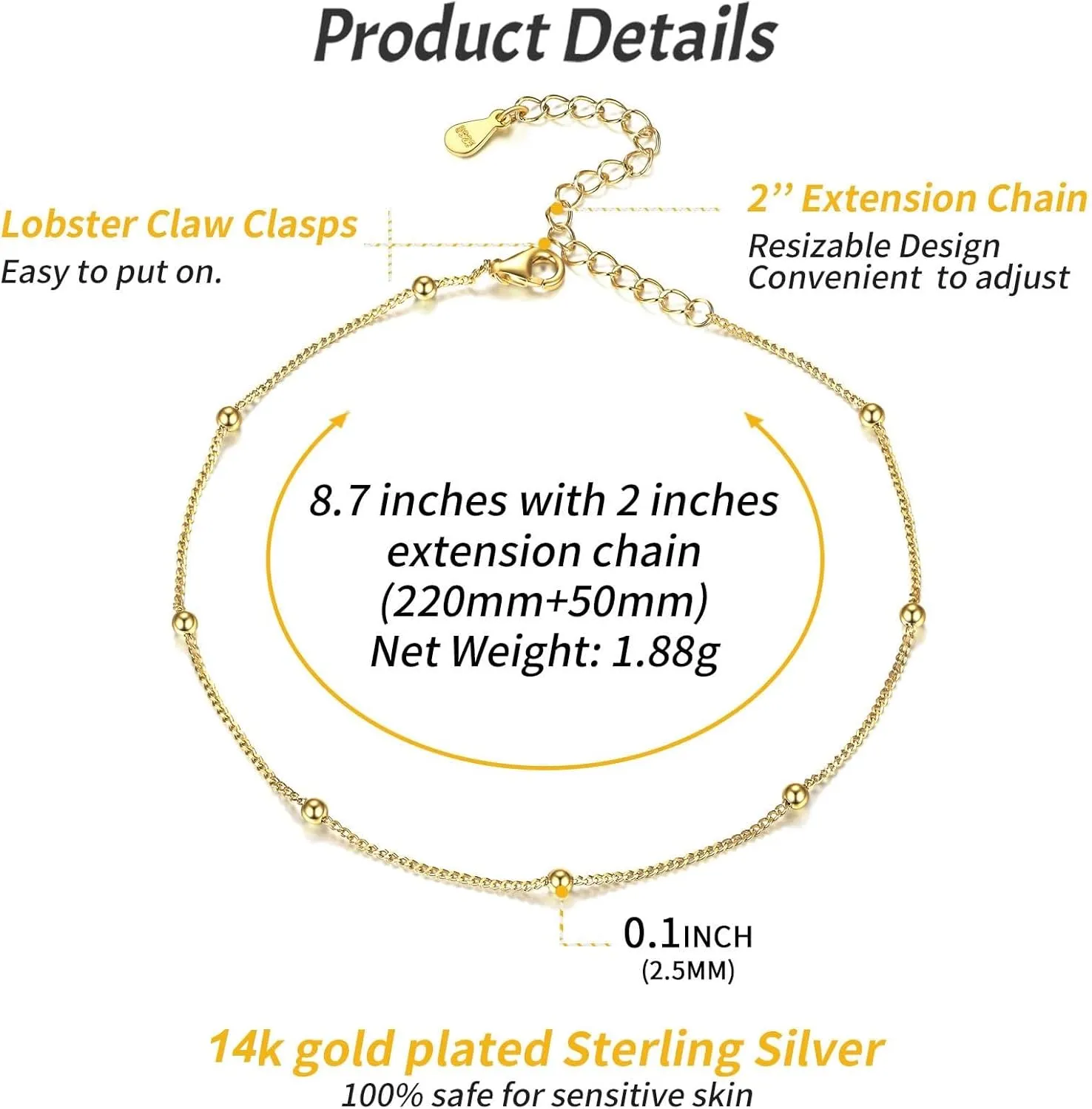 ChicSilver 925 Sterling Silver Ankle Bracelet for Women, Simple Cuban Link/Figaro/Twist Rope Chain Anklets for Beach Party(with Gift Box)