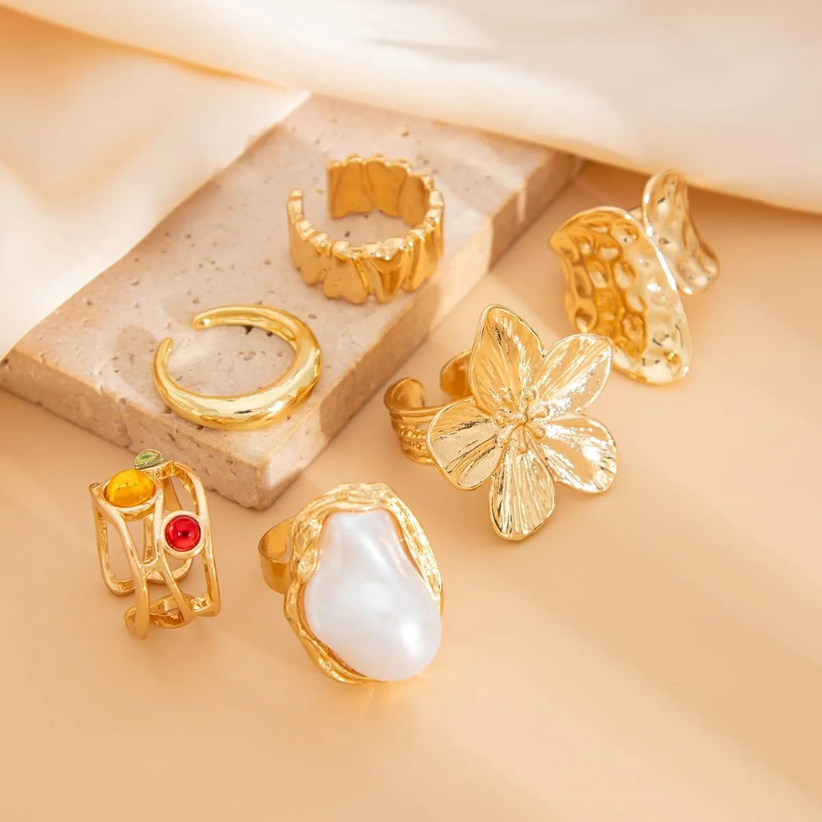 Chunky Knuckle Rings for Women 14K Gold/Silver Plated Crystal Zirconia Ring Set Stacked Opening Adjustable Rings Liquid Irregular Ring Set Prom Jewelry