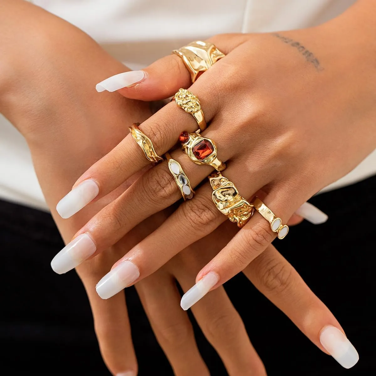 Chunky Knuckle Rings for Women 14K Gold/Silver Plated Crystal Zirconia Ring Set Stacked Opening Adjustable Rings Liquid Irregular Ring Set Prom Jewelry