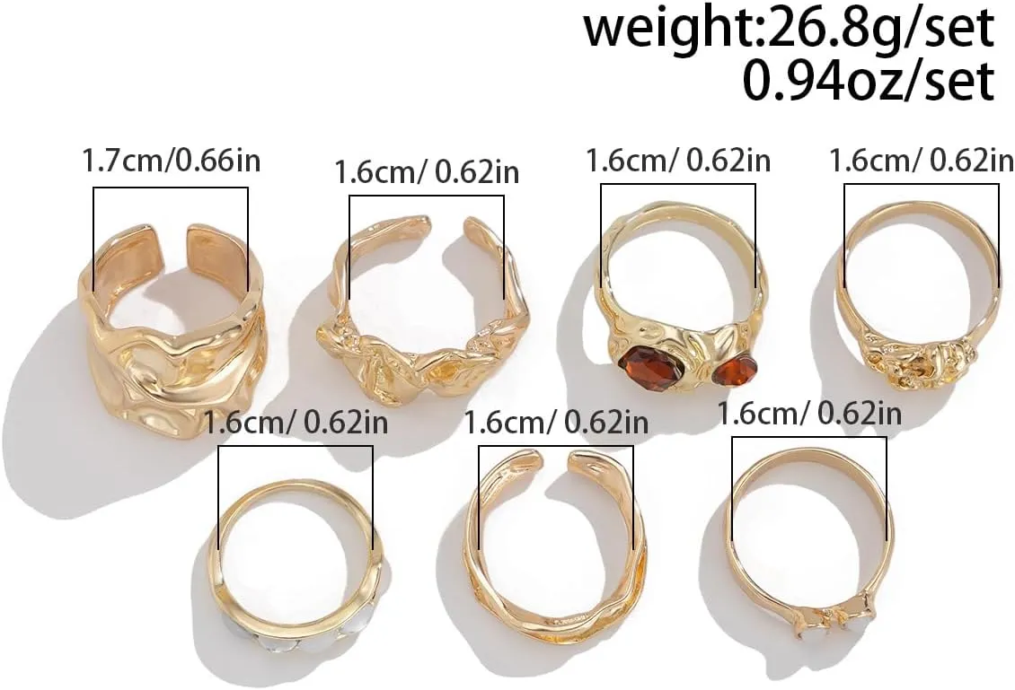 Chunky Knuckle Rings for Women 14K Gold/Silver Plated Crystal Zirconia Ring Set Stacked Opening Adjustable Rings Liquid Irregular Ring Set Prom Jewelry