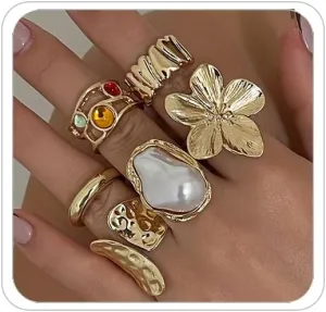 Chunky Knuckle Rings for Women 14K Gold/Silver Plated Crystal Zirconia Ring Set Stacked Opening Adjustable Rings Liquid Irregular Ring Set Prom Jewelry