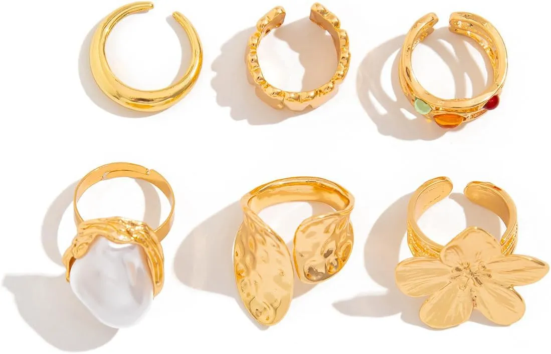 Chunky Knuckle Rings for Women 14K Gold/Silver Plated Crystal Zirconia Ring Set Stacked Opening Adjustable Rings Liquid Irregular Ring Set Prom Jewelry