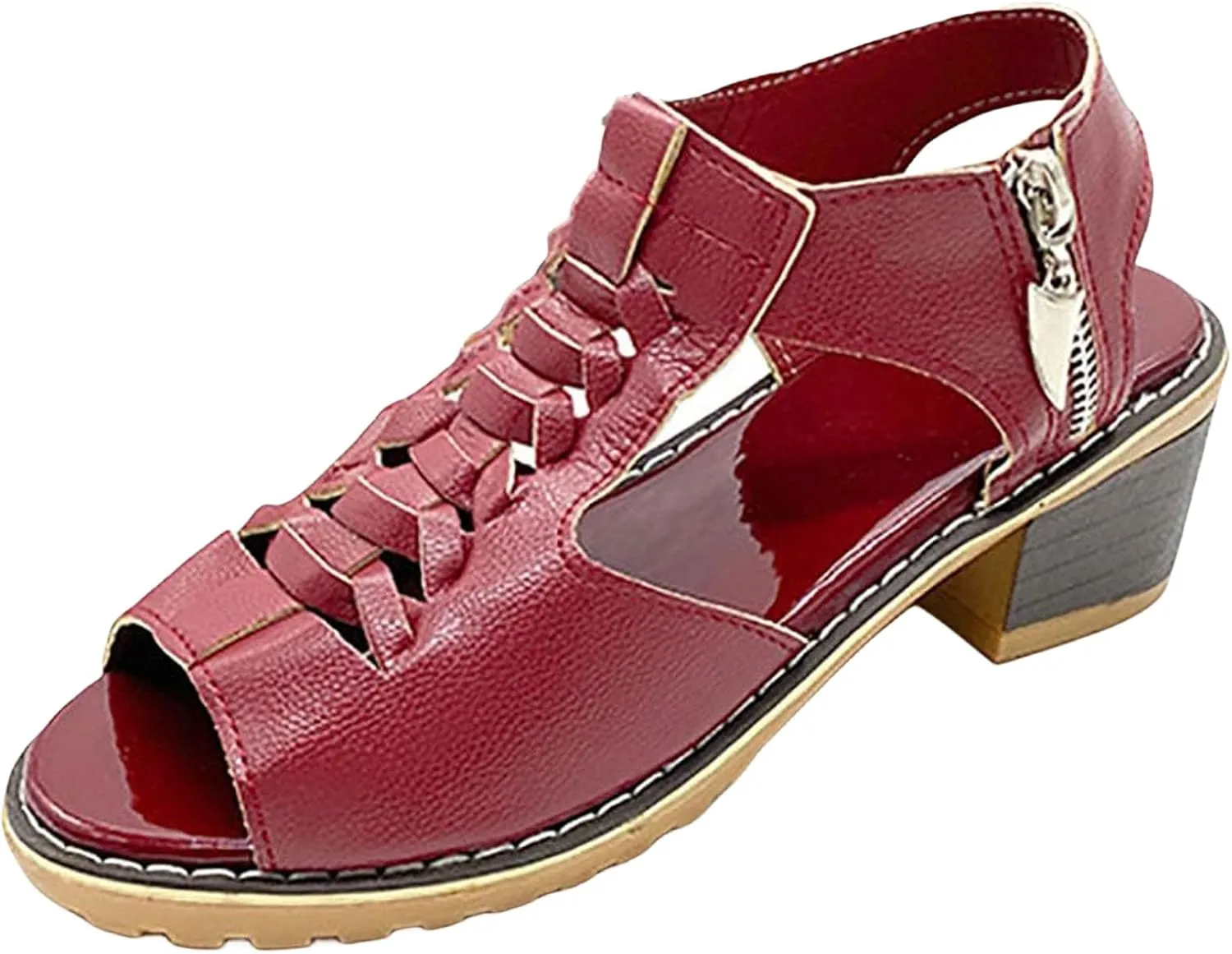 Chunky Sandals for Women Cut Out Hight Heels Dressy Open Toe Block Heeled Shoes Zipper Outdoor Beach Party Dress Shoes