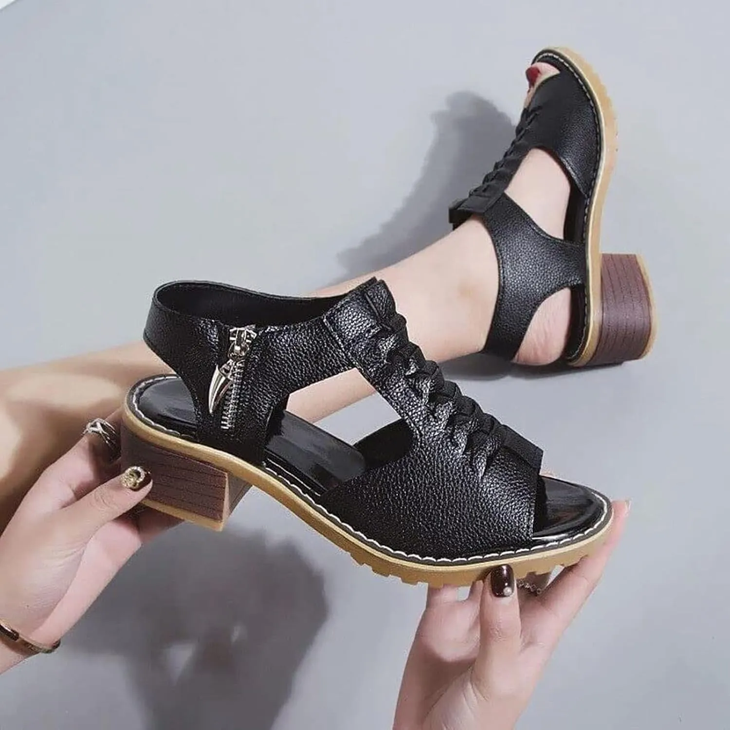 Chunky Sandals for Women Cut Out Hight Heels Dressy Open Toe Block Heeled Shoes Zipper Outdoor Beach Party Dress Shoes
