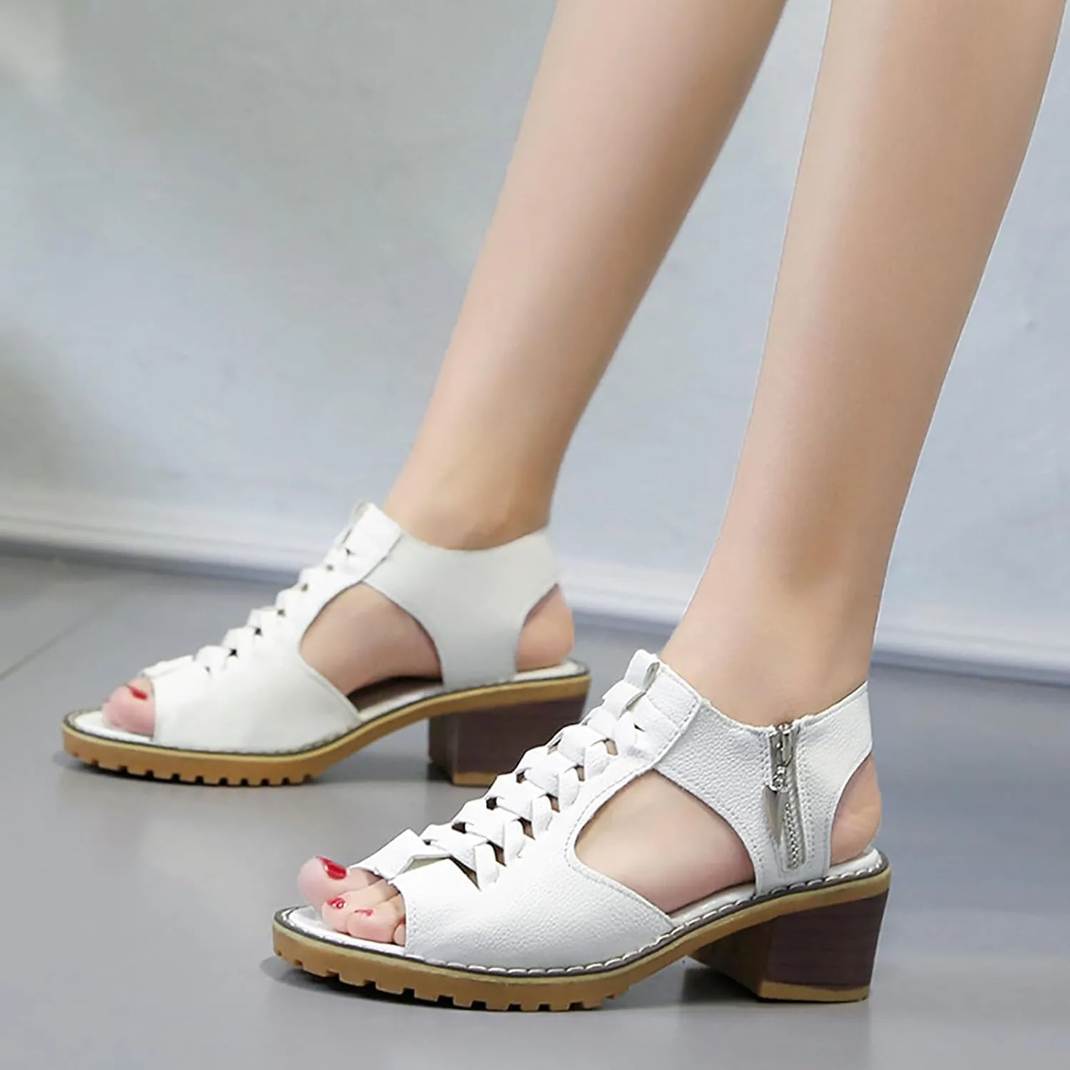 Chunky Sandals for Women Cut Out Hight Heels Dressy Open Toe Block Heeled Shoes Zipper Outdoor Beach Party Dress Shoes