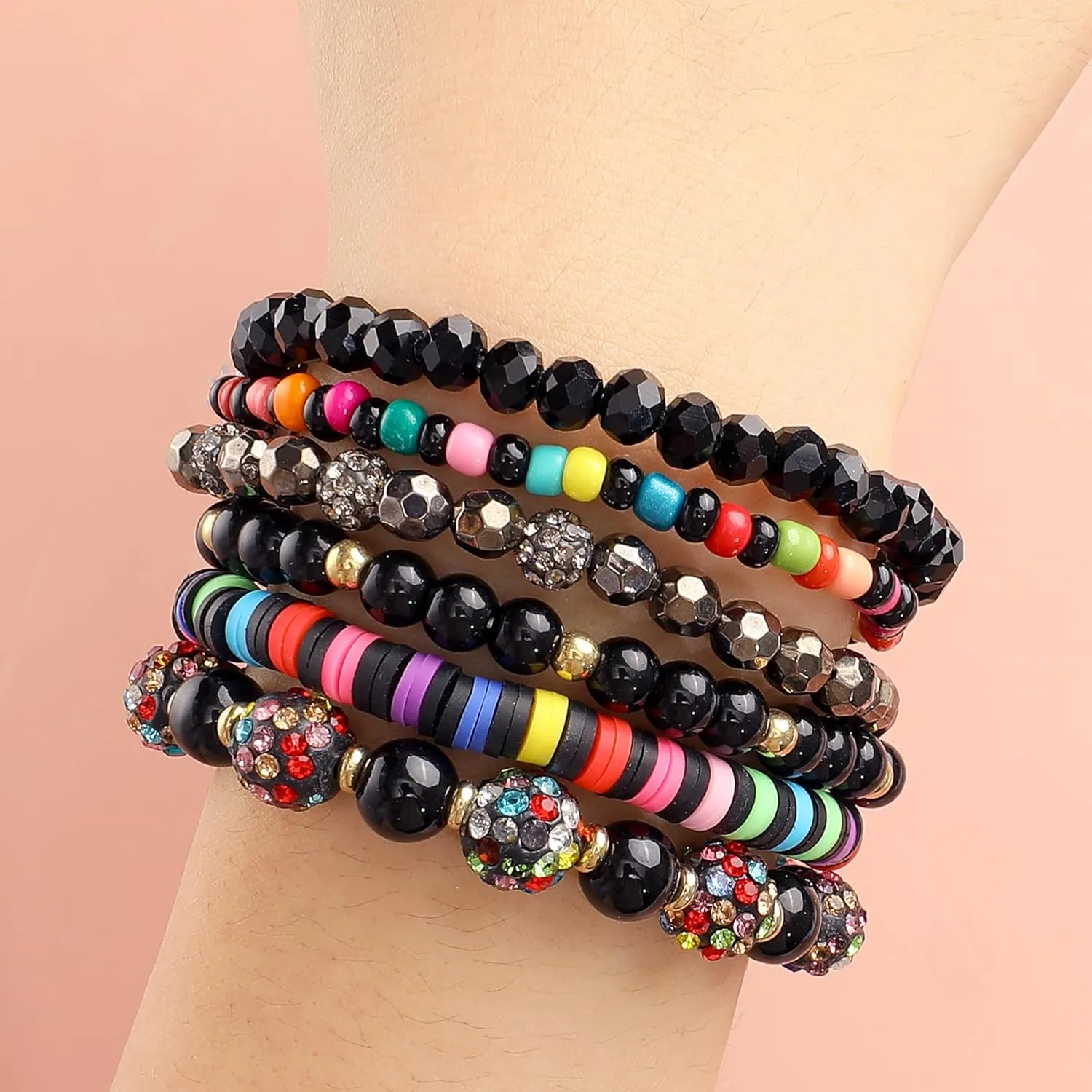 Clay Beaded Bracelets, White Pink Preppy Bracelets Gray Preppy Bracelet Black Bracelets Boho Multi-Layer Beaded Crystal Bracelets, Bohemian Stackable Bead Bracelet Set Jewelry for Women