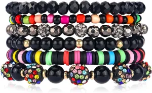 Clay Beaded Bracelets, White Pink Preppy Bracelets Gray Preppy Bracelet Black Bracelets Boho Multi-Layer Beaded Crystal Bracelets, Bohemian Stackable Bead Bracelet Set Jewelry for Women