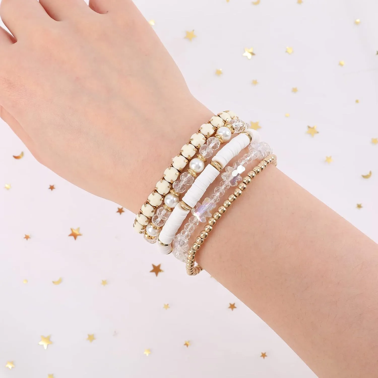 Clay Beaded Bracelets, White Pink Preppy Bracelets Gray Preppy Bracelet Black Bracelets Boho Multi-Layer Beaded Crystal Bracelets, Bohemian Stackable Bead Bracelet Set Jewelry for Women