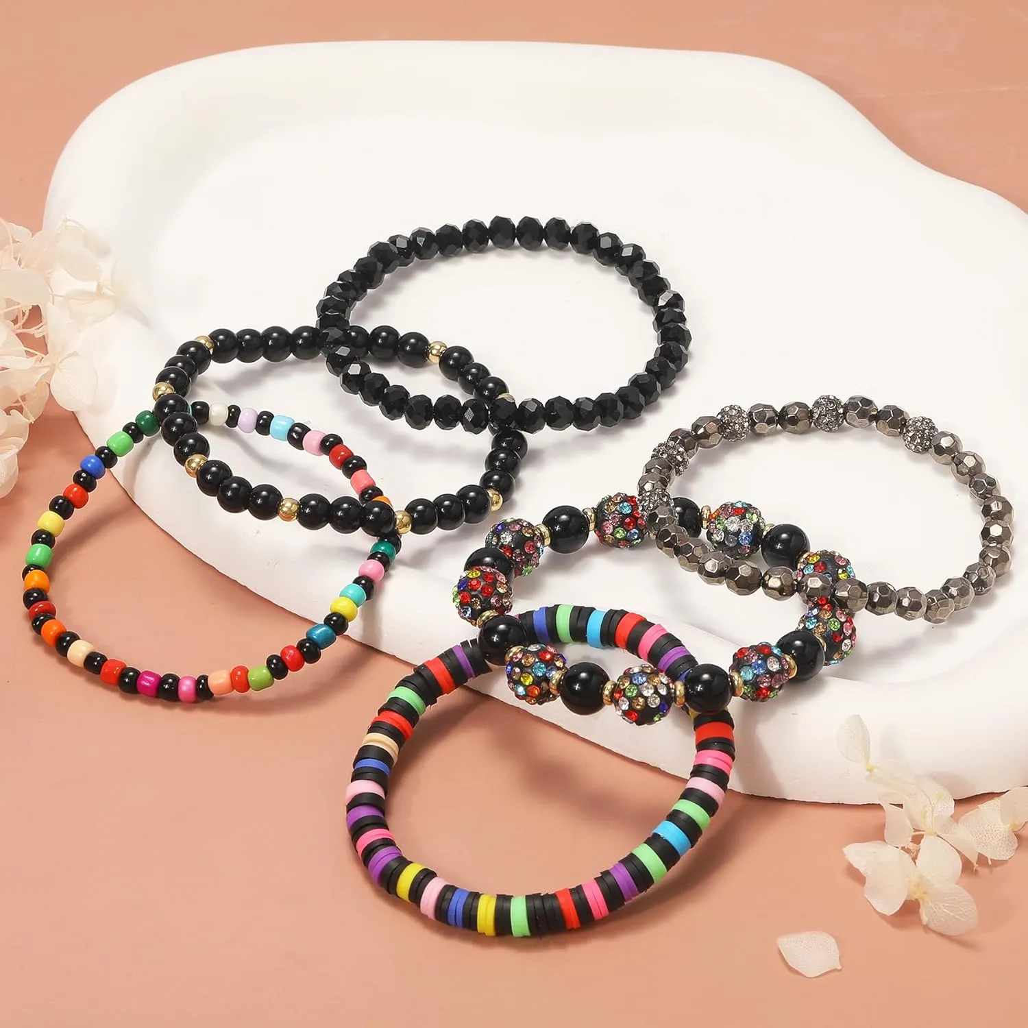 Clay Beaded Bracelets, White Pink Preppy Bracelets Gray Preppy Bracelet Black Bracelets Boho Multi-Layer Beaded Crystal Bracelets, Bohemian Stackable Bead Bracelet Set Jewelry for Women