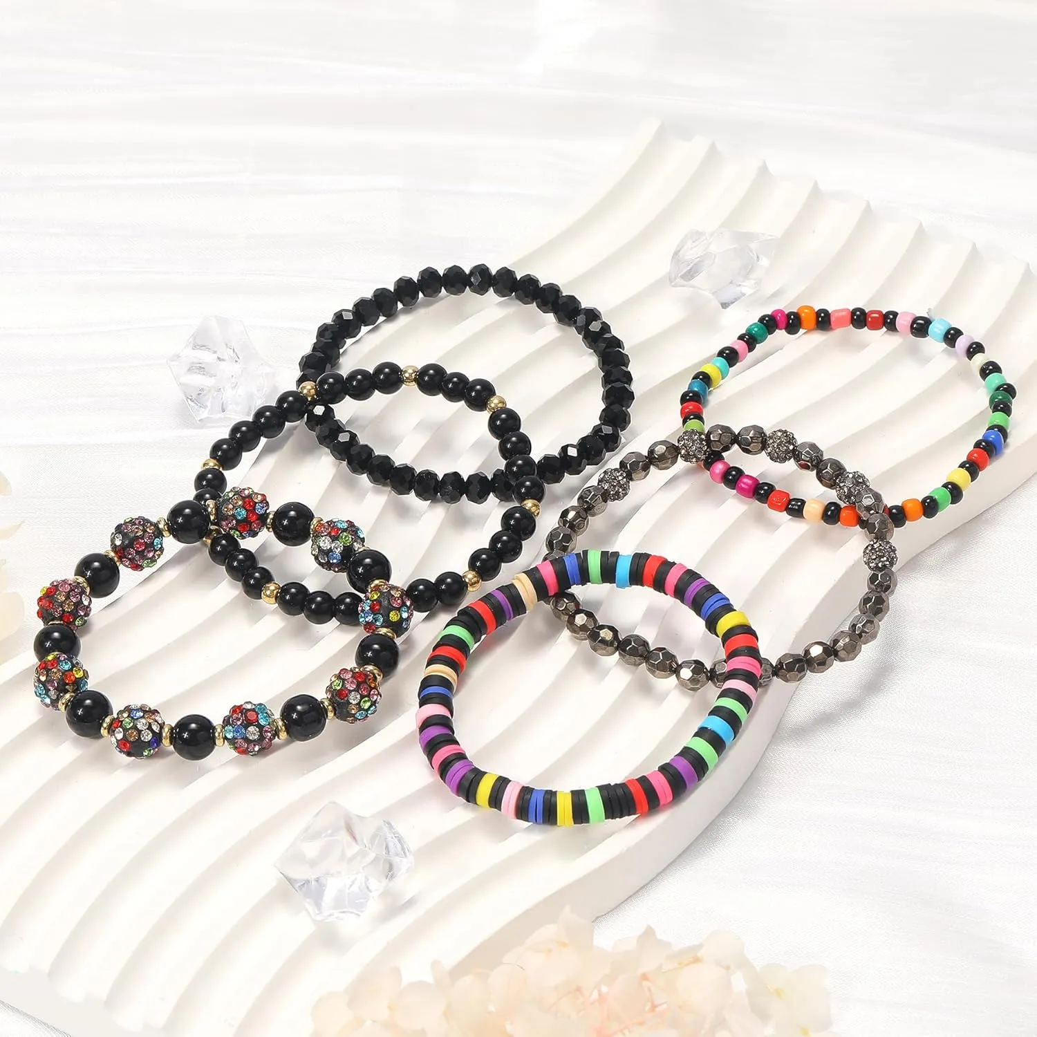 Clay Beaded Bracelets, White Pink Preppy Bracelets Gray Preppy Bracelet Black Bracelets Boho Multi-Layer Beaded Crystal Bracelets, Bohemian Stackable Bead Bracelet Set Jewelry for Women