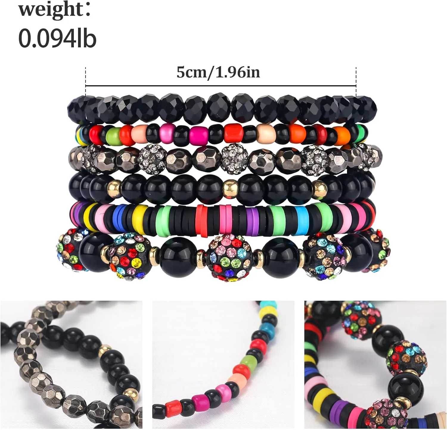 Clay Beaded Bracelets, White Pink Preppy Bracelets Gray Preppy Bracelet Black Bracelets Boho Multi-Layer Beaded Crystal Bracelets, Bohemian Stackable Bead Bracelet Set Jewelry for Women