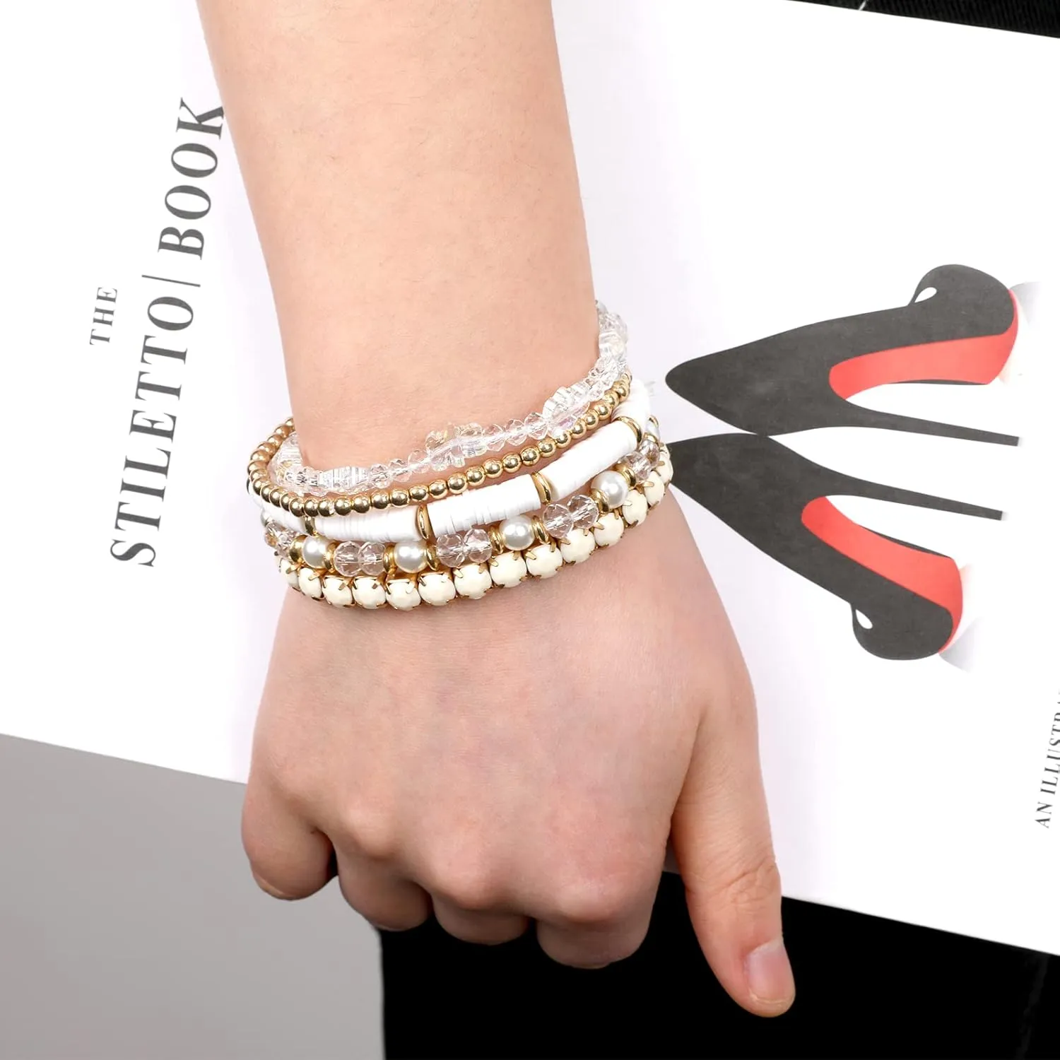 Clay Beaded Bracelets, White Pink Preppy Bracelets Gray Preppy Bracelet Black Bracelets Boho Multi-Layer Beaded Crystal Bracelets, Bohemian Stackable Bead Bracelet Set Jewelry for Women