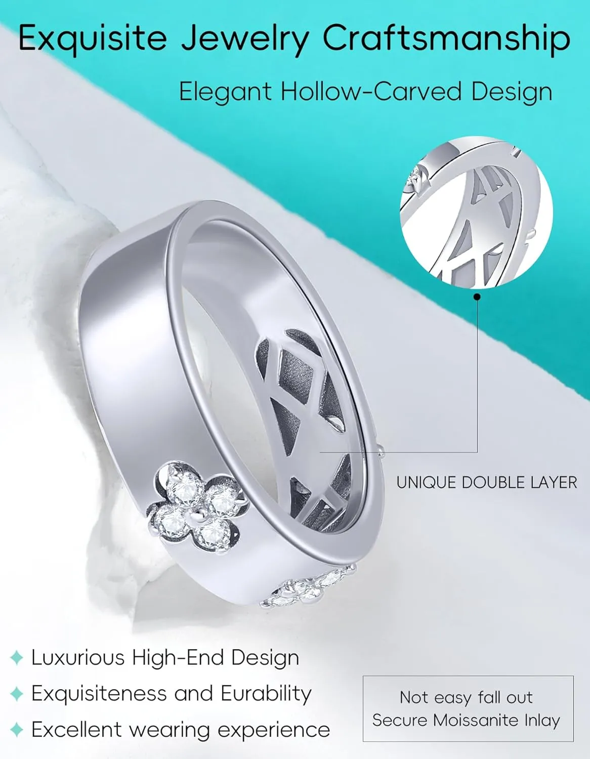 Clover Moissanite Rings for Women Gifts,Premium Moissanite(D Color VVS1 Clarity 3EX Cut), 925 Sterling Silver 14K Gold Plated Non Tarnish