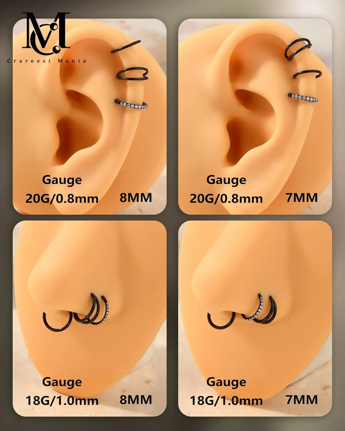 CM Crareesi Mania Nose Rings for Women 3PCS Nose Rings Hoops 316L Surgical Steel Double Hoop Nose Ring Septum Rings Earring Helix Daith Cartilage Tragus Conch Rook