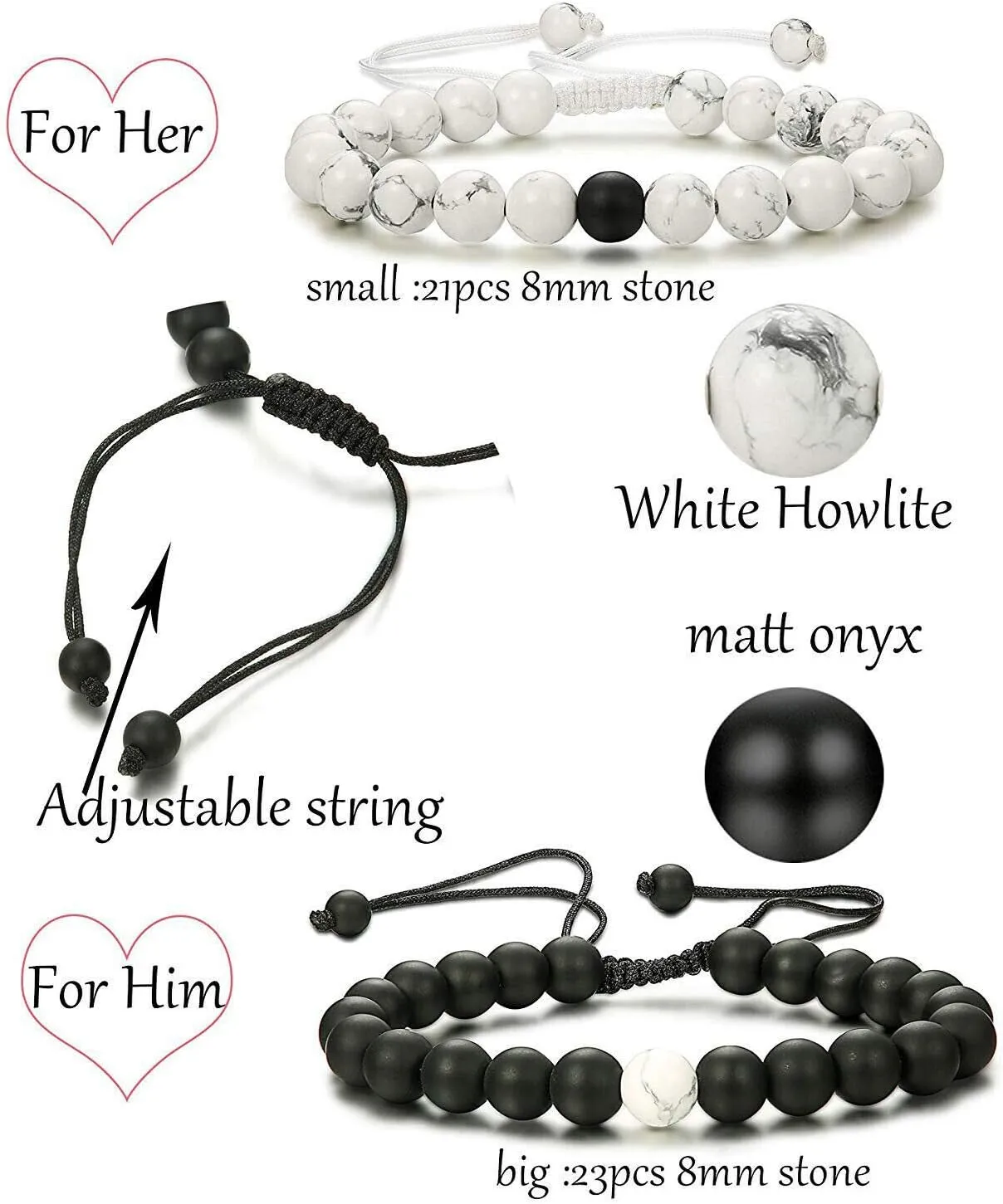 CNLQ Long Distance Bracelets For Lovers Couples Matching Gift Matte Agate 8mm Bead Stone (Elastic Red)