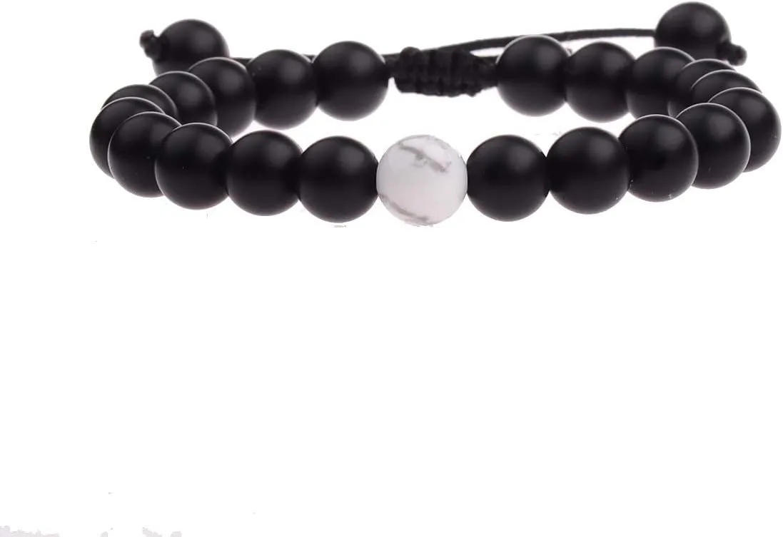 CNLQ Long Distance Bracelets For Lovers Couples Matching Gift Matte Agate 8mm Bead Stone (Elastic Red)
