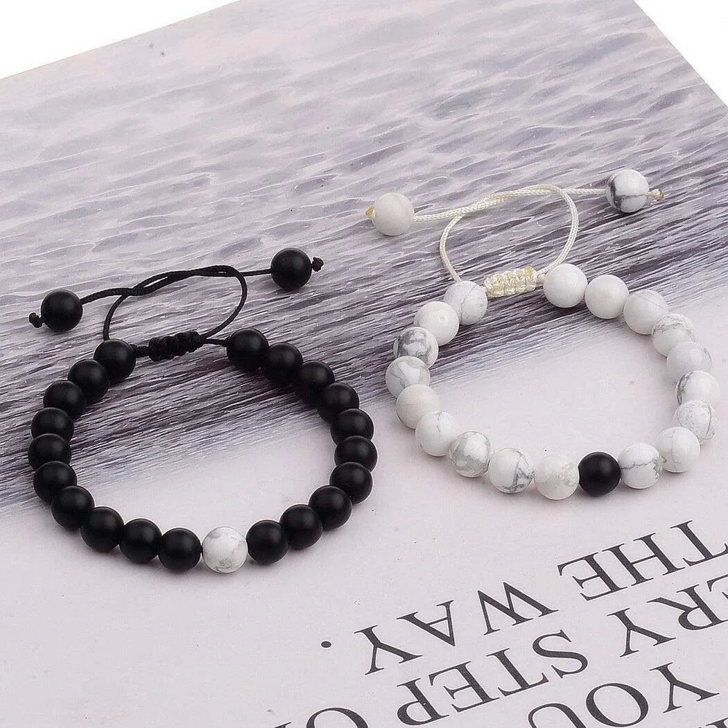 CNLQ Long Distance Bracelets For Lovers Couples Matching Gift Matte Agate 8mm Bead Stone (Elastic Red)