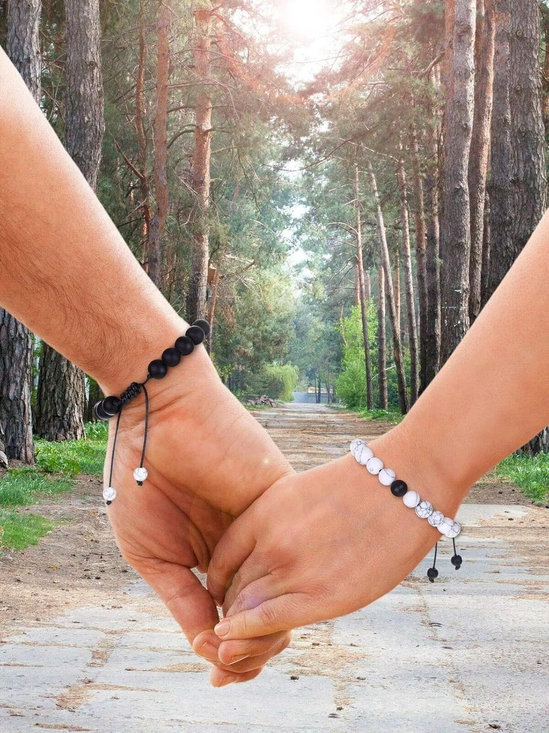 CNLQ Long Distance Bracelets For Lovers Couples Matching Gift Matte Agate 8mm Bead Stone (Elastic Red)
