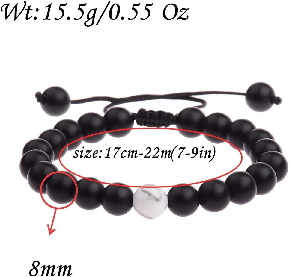 CNLQ Long Distance Bracelets For Lovers Couples Matching Gift Matte Agate 8mm Bead Stone (Elastic Red)