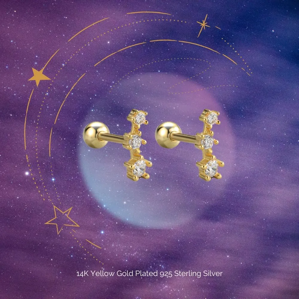 Constellation Star 14K Gold Plated Nap Earrings Sterling Silver Earrings CZ Stone Screw Back Hypoallergenic Earrings Cartilage Helix Celestial Mini Piercing Earrings For Women