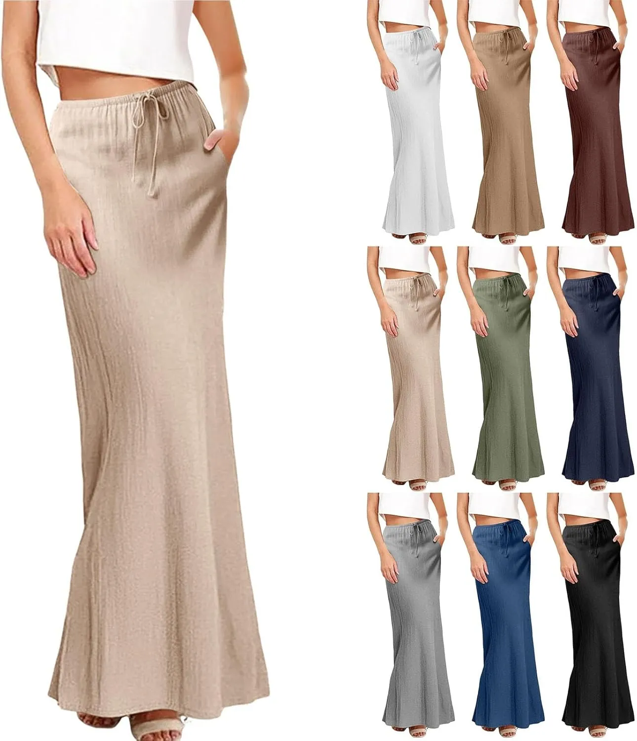 Cotton Linen Skirts for Women Maxi Length Summer Skirts Drawstring A-Line Casual Loose Flowy Ankle Long Beach Skirt