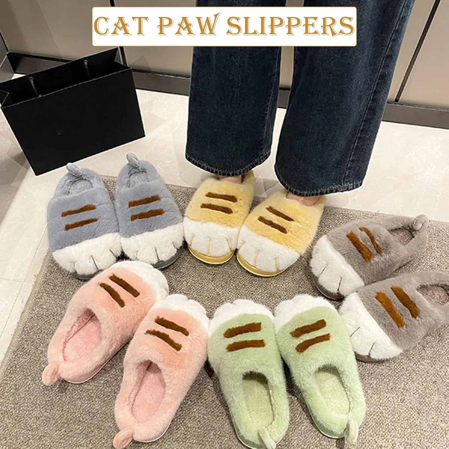 Cozy 3D Cat Paw Slippers for Women ??Cute & Furry Cartoon Cat Paw Slides for Winter Indoor & Outdoor Comfort