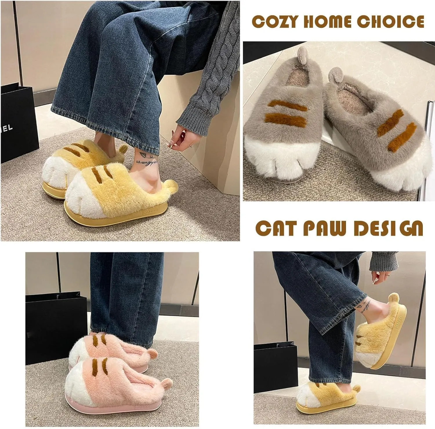 Cozy 3D Cat Paw Slippers for Women ??Cute & Furry Cartoon Cat Paw Slides for Winter Indoor & Outdoor Comfort