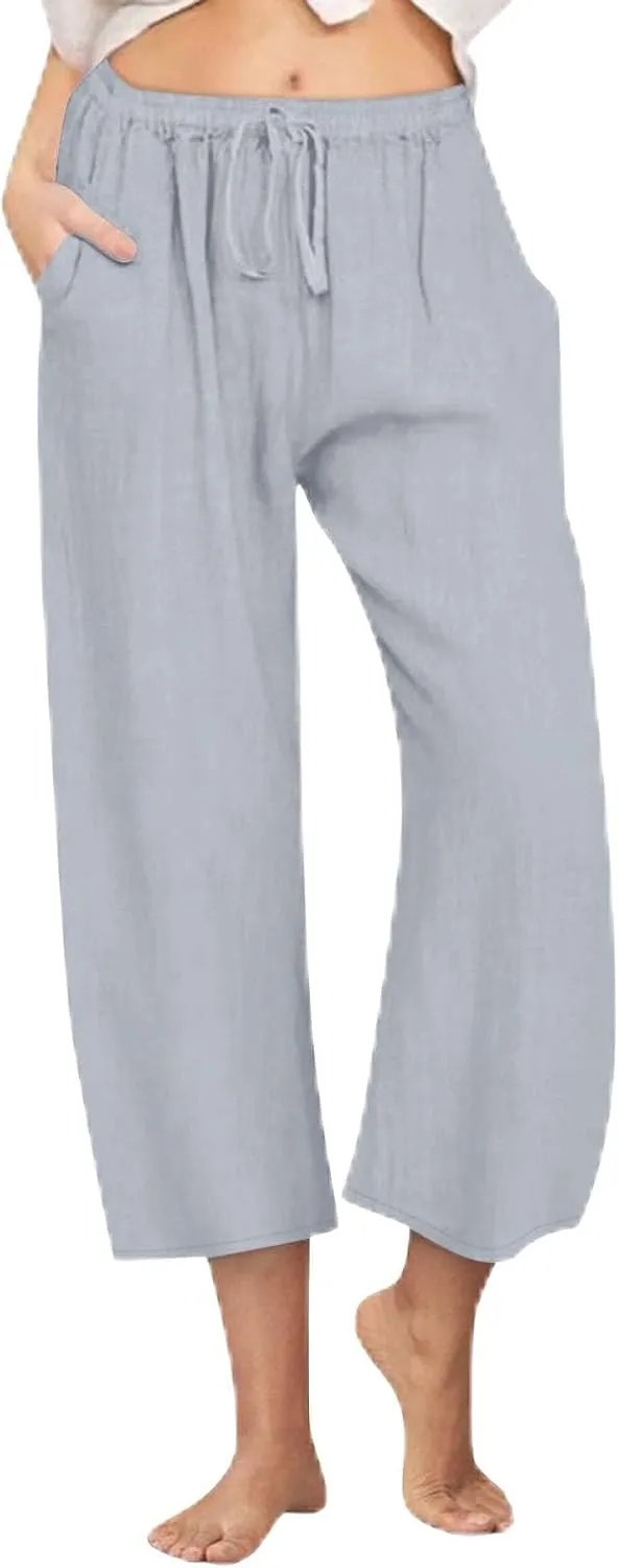 Cropped Linen Pants Women Casual High Waisted Wide Leg Lounge Pant 2025 Loose Lightweight Cotton Capris with Pockets
